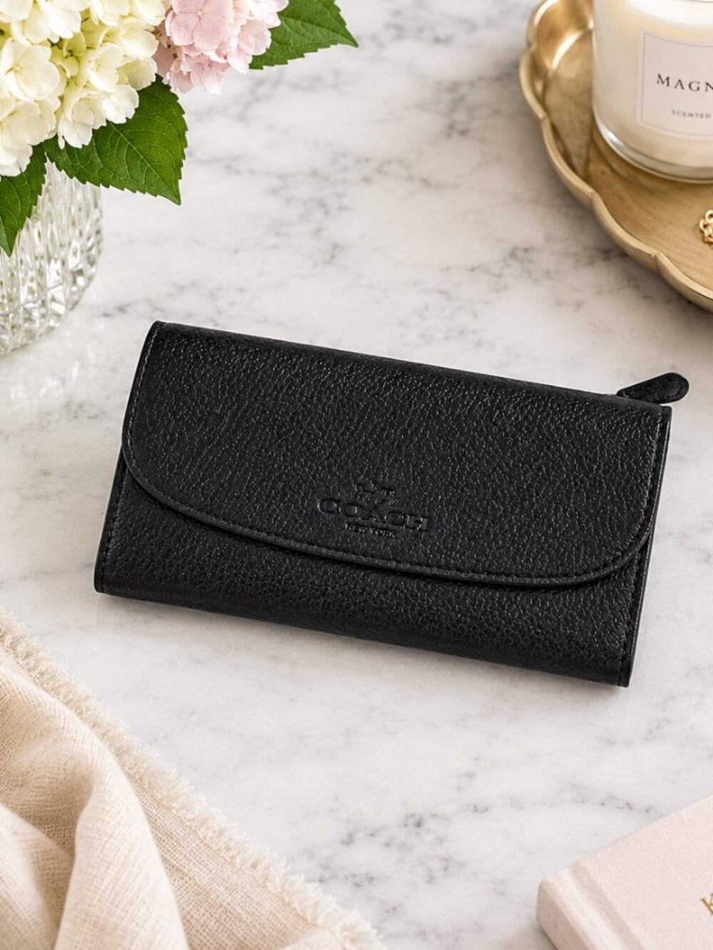 Coach Black Pebbled Leather Checkbook Wallet | Gold Hardware | F52715